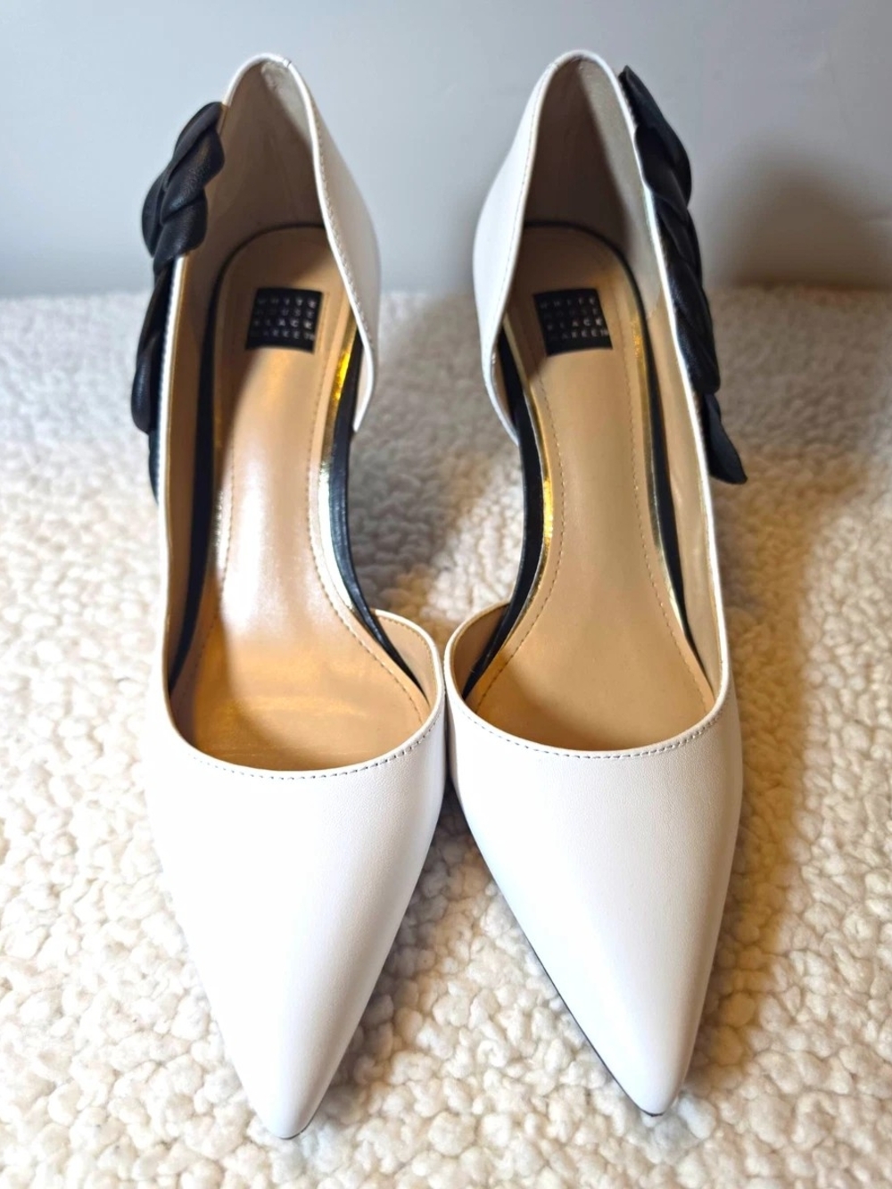 Women's Pointed Toe White Pumps with Black Bow Accent